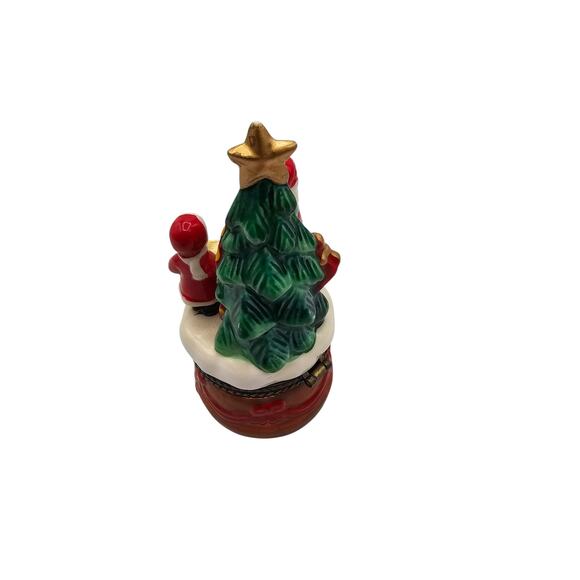 Vintage Christmas Tree Santa Claus Hinged Small Trinket Box Round 1990s - Picture 2 of 6